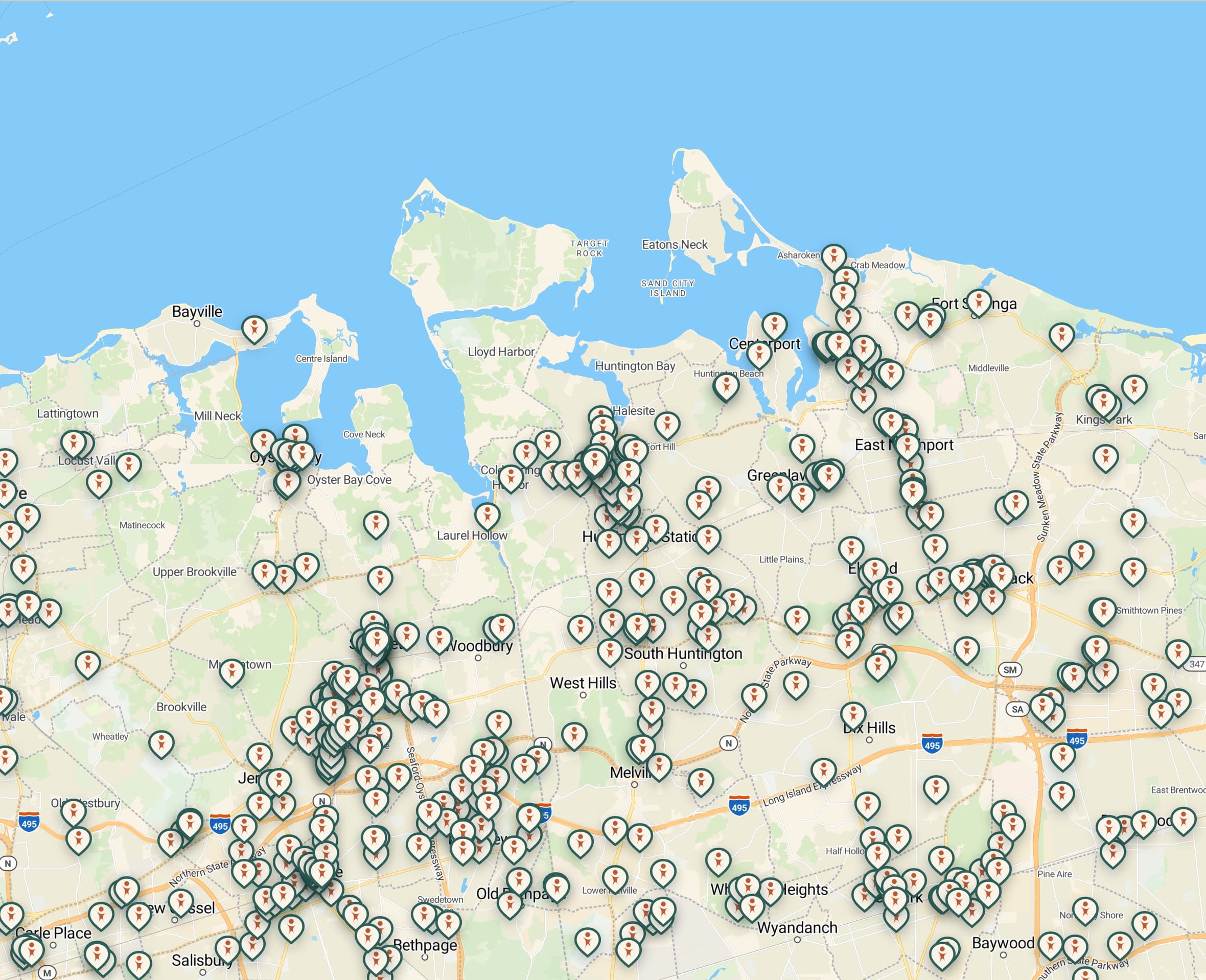 PlayBook's map of kids' activities around Huntington, Long Island